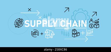 Concetto di supply chain che mette in evidenza la gestione della logistica la distribuzione globale la strategia di spedizione e il trasporto merci per la logistica aziendale e. Illustrazione Vettoriale