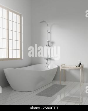 Bagno dal design minimalista con vasca indipendente e luce naturale, illustrazione in 3D. Foto Stock