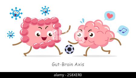 Asse intestino-cervello . Personaggio cartoni animati del cervello e dell'intestino umano . Il concetto di prebiotici e probiotici si riferiscono alla funzione cerebrale . Vettore . Illustrazione Vettoriale