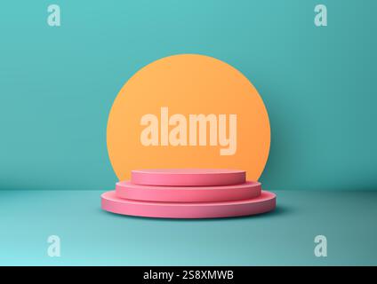 Podio rosa 3D su uno sfondo color ottanio con un grande cerchio arancione. Espositori di prodotti retrò, mockup vivaci e concept di design moderni con arti Illustrazione Vettoriale