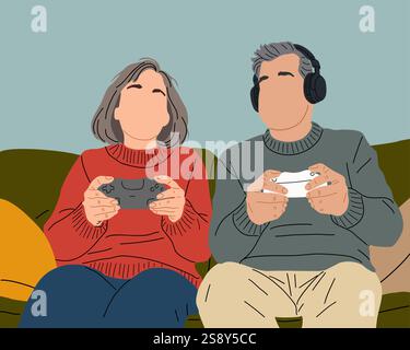Una coppia anziana seduta sul divano che gioca a un videogame Illustrazione Vettoriale