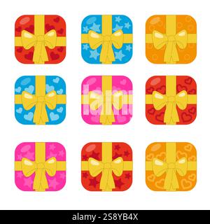 Set di scatole regalo colorate e luminose per San Valentino o buon compleanno. Illustrazione Vettoriale