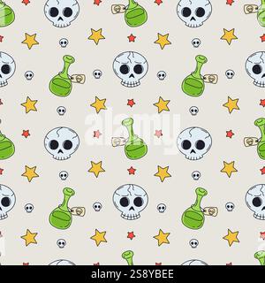 Motivo senza cuciture con teschi di Halloween disegnati a mano e pozioni magiche Illustrazione Vettoriale