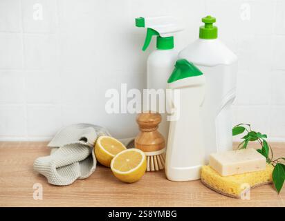 Prodotti per la pulizia eco-compatibili disposti su un piano di lavoro in legno, che incarnano una pulizia sostenibile con prodotti naturali ed ecologici Foto Stock