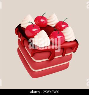 Deliziosa torta rossa a strati con ciliegie e panna montata sulla parte superiore dell'illustrazione 3D. Foto Stock