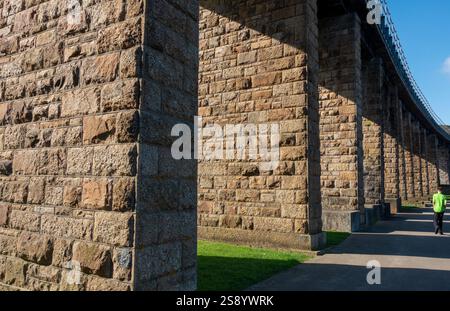 Vista dettagliata dei pilastri in pietra del ponte ferroviario di Hayle in Cornovaglia, Inghilterra, Regno Unito Foto Stock