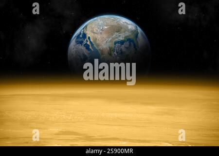 Venere e la Terra. Allineamento degli ingranaggi planetari. Vista del pianeta Terra attraverso l'atmosfera del pianeta Venere. Gli elementi di questa immagine forniti dalla NASA. Foto Stock