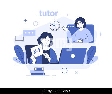 Illustrazione vettoriale di un tutor matematico seduto davanti a un laptop e con una scheda con X-Y scritto sopra. Uno studente e un insegnante Illustrazione Vettoriale