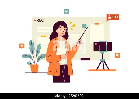 Illustrazione vettoriale di un insegnante con gli occhiali in piedi sulla lavagna e che filma una lezione video su un telefono in piedi su un treppiede Illustrazione Vettoriale