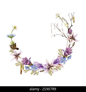 Ramo con i gatti, fiori primaverili gemme di magnolia, hepatica blu, anemone della foresta bianca, giglio di trota, corydalis disegnato a mano in acquerello. Telaio a ghirlanda Foto Stock