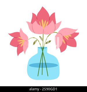 Un bouquet di fiori rosa in un vaso di vetro. Bouquet di tulipani rosa in vaso Illustrazione Vettoriale
