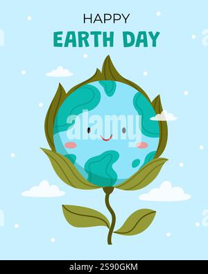 Buon giorno della Terra. Carattere terrestre a forma di fiore. Ora della Terra, il nostro pianeta, concetto di ecologia. Illustrazione Vettoriale