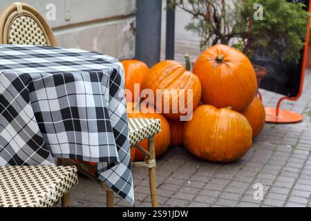 Un angolo della terrazza all'aperto del caffè, dove diverse zucche arancioni sono posizionate l'una accanto all'altra su un tavolo con una tovaglia a scacchi. Foto Stock