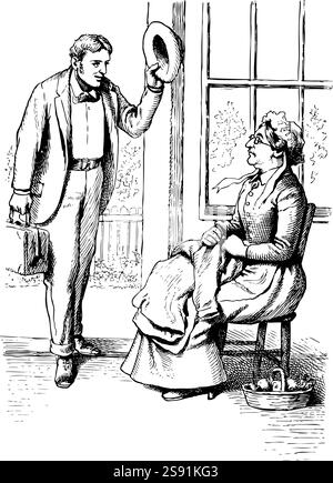 Un uomo ben vestito che ha mandato il cappello a una signora anziana seduta su una sedia. Disegno vintage anni '1800, Illustrazione Vettoriale