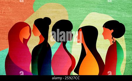 Silhouette di gruppo di donne multiculturali. Empowerment Inclusion - uguaglianza -diversità -o concetto di potere femminile. Giornata internazionale delle donne. Grana grunge Illustrazione Vettoriale