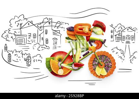 Concetto di cibo sano di un ciclista in sella a una bicicletta fatta di verdura e frutta fresca, su uno sfondo abbozzato Foto Stock
