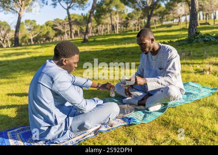 Due uomini senegalesi vestiti con abiti tradizionali dashiki, si godono una cerimonia del tè ataya all'aperto, condividendo risate e conversazioni in un parco soleggiato Foto Stock