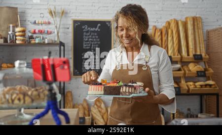 Donna che decora la torta nel negozio di panetteria mentre viene filmata per telefono in un ambiente interno Foto Stock