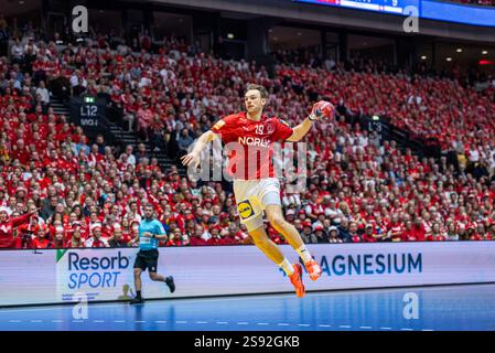 Herning, Danimarca. 23 gennaio 2025. Mathias Gidsel (19), Danimarca, visto durante la partita della Coppa del mondo di pallamano maschile IHF 2025 tra Danimarca e Svizzera a Jyske Bank Boxen a Herning. Foto Stock