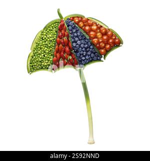 Foto creativa di concetto di ombrello a base di frutta e verdura su sfondo bianco Foto Stock