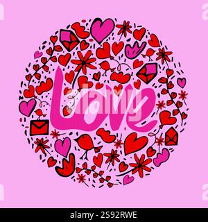 Set a forma di cuore per San Valentino. Rosso e rosa. Adatto per adesivi, inviti a feste, biglietti d'auguri, poster Illustrazione Vettoriale