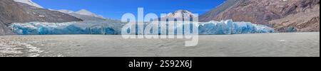 Vista lontana del Ghiacciaio Grigio che scorre nel Lago Grey circondato dalle montagne di Torres del Paine durante il giorno Foto Stock