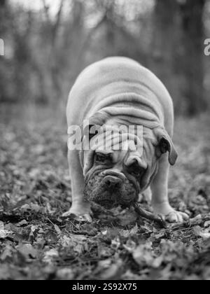 Primo piano di un Bulldog inglese che cammina nella foresta Foto Stock