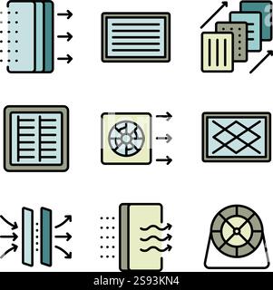 Icone filtro aria e raccolta flusso aria Set Vector. Attrezzatura filtro dell'aria, dispositivo domestico per il concetto di filtrazione pittogrammi a colori. Processo di filtrazione. Illustrazione Vettoriale