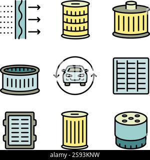 Set di icone di filtri per auto diversi. Immagine a colori di olio, benzina e filtro dell'aria per la pulizia di carburante, aria e olio. Raccolta icone semplice servizio auto. Vehic Illustrazione Vettoriale