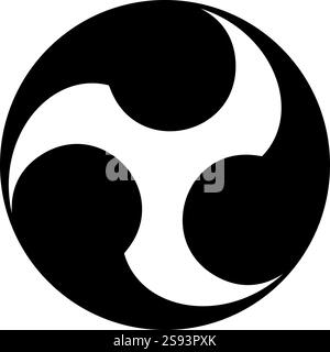 Simbolo Tomoe segno religioso religioni giapponesi icona orientale a tre petali colore nero immagine vettoriale stile piatto semplice Illustrazione Vettoriale