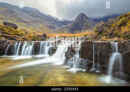 Cascate dell'Isola di Skye presso le Fairy Pools Skye e le Black Cuillins Range Glen Brittle Skye Highlands and Islands Scotland Regno Unito Europa Foto Stock