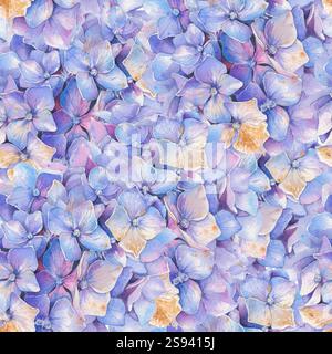 Illustrazione ad acquerello dipinta a mano. Un motivo floreale senza cuciture caratterizzato da delicati fiori di ortensia blu. Foto Stock