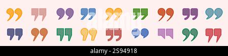Una serie di icone colorate sotto forma di virgolette su sfondo bianco. Illustrazione Vettoriale