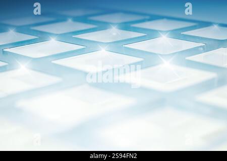 Uno stampo per termoformatura quadrato trasparente industriale realizzato in plastica come soluzione di imballaggio per prodotti industriali. Cubi in lamina su sfondo bianco. Foto Stock