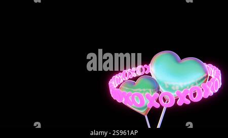 Social media 3D concettuali sfondi orizzontali elegante e trendy Valentine Heart Love romantici abbracci baci messaggi di testo evento stagionale al neon lollipop Foto Stock
