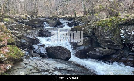 The Birks of Aberfeldy Famous Walk Along Moness Burn dove Robert Burns scrisse la sua canzone d'amore scozzese nel 1787. Destinazione turistica e posizione naturale Foto Stock