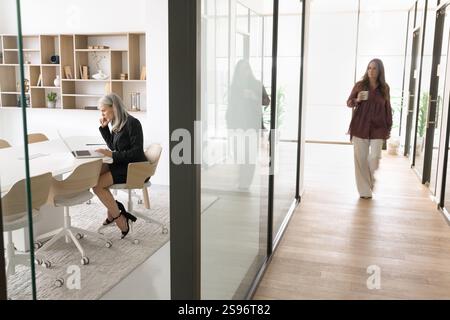 Donna d'affari che cammina lungo il corridoio mentre il suo collega lavora su un notebook Foto Stock