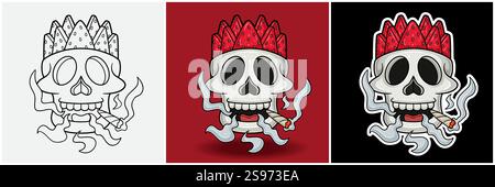 Anguria frutta all'interno della testa del teschio con fumatore personaggio Cartoon. Bianco e nero, colorato e stile adesivo. Per stampa T-shirt, Logo del marchio, etichetta e M Illustrazione Vettoriale