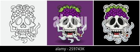 Grape Fruit Inside Skull Head with Smoking Character Cartoon. Bianco e nero, colorato e stile adesivo. Per stampa T-shirt, Logo del marchio, etichetta e mascotte Illustrazione Vettoriale