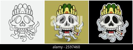 Avocado Fruit Inside Skull Head with Smoking Character Cartoon. Bianco e nero, colorato e stile adesivo. Per stampa T-shirt, Logo del marchio, etichetta e mascherina Illustrazione Vettoriale