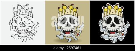 Frutta di pera all'interno della testa del teschio con fumatore personaggio Cartoon. Bianco e nero, colorato e stile adesivo. Per stampa T-shirt, Logo del marchio, etichetta e mascotte Illustrazione Vettoriale