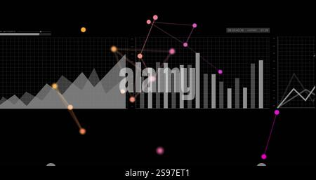 Grafico e immagine del grafico a barre su punti dati e connessioni su sfondo nero Foto Stock