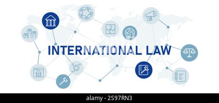 L'icona del diritto internazionale imposta la costituzione globale regola la giustizia la politica dell'autorità per i diritti sociali la progettazione della rete governativa delinea la raccolta Illustrazione Vettoriale