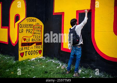 Gruppi collettivi di artisti elaborano un murale per generare consapevolezza per la situazione dell'ordine pubblico che si verifica a Catatumbo Norte de Santander, Colombia e il gruppo di ricerca di madri di falsi positivi, nel centro di Bogotà, 24 gennaio 2025. Mentre il governo colombiano dichiara lo stato di emergenza nella regione dopo lo scontro tra l'Esercito di Liberazione Nazionale "ELN" e gli ex membri delle forze armate rivoluzionarie colombiane "FARC" che non hanno aderito al processo di pace nel 2016. Foto di: Sebastian Barros/Long Visual Press credito: Long Visual Press/Alamy Live News Foto Stock