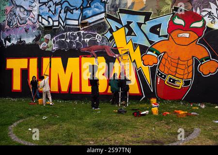 Gruppi collettivi di artisti elaborano un murale per generare consapevolezza per la situazione dell'ordine pubblico che si verifica a Catatumbo Norte de Santander, Colombia e il gruppo di ricerca di madri di falsi positivi, nel centro di Bogotà, 24 gennaio 2025. Mentre il governo colombiano dichiara lo stato di emergenza nella regione dopo lo scontro tra l'Esercito di Liberazione Nazionale "ELN" e gli ex membri delle forze armate rivoluzionarie colombiane "FARC" che non hanno aderito al processo di pace nel 2016. Foto di: Sebastian Barros/Long Visual Press credito: Long Visual Press/Alamy Live News Foto Stock