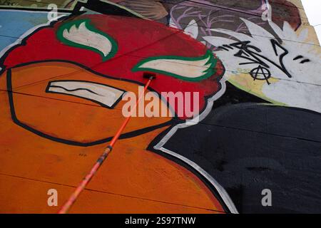 Gruppi collettivi di artisti elaborano un murale per generare consapevolezza per la situazione dell'ordine pubblico che si verifica a Catatumbo Norte de Santander, Colombia e il gruppo di ricerca di madri di falsi positivi, nel centro di Bogotà, 24 gennaio 2025. Mentre il governo colombiano dichiara lo stato di emergenza nella regione dopo lo scontro tra l'Esercito di Liberazione Nazionale "ELN" e gli ex membri delle forze armate rivoluzionarie colombiane "FARC" che non hanno aderito al processo di pace nel 2016. Foto di: Sebastian Barros/Long Visual Press credito: Long Visual Press/Alamy Live News Foto Stock