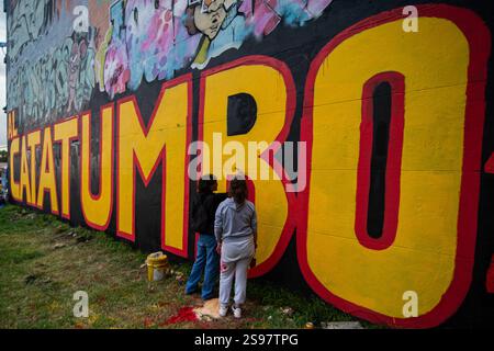 Gruppi collettivi di artisti elaborano un murale per generare consapevolezza per la situazione dell'ordine pubblico che si verifica a Catatumbo Norte de Santander, Colombia e il gruppo di ricerca di madri di falsi positivi, nel centro di Bogotà, 24 gennaio 2025. Mentre il governo colombiano dichiara lo stato di emergenza nella regione dopo lo scontro tra l'Esercito di Liberazione Nazionale "ELN" e gli ex membri delle forze armate rivoluzionarie colombiane "FARC" che non hanno aderito al processo di pace nel 2016. Foto di: Sebastian Barros/Long Visual Press credito: Long Visual Press/Alamy Live News Foto Stock