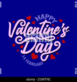 Design tipografico decorativo di San Valentino con elementi cuori su sfondo blu. 14 febbraio sfondo, biglietto d'auguri, poster, striscione Illustrazione Vettoriale