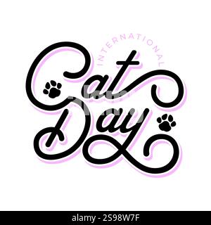 Logo calligrafico Cat Day. Icona vettoriale silhouette piede cane. Poster, striscione, adesivo, etichetta, badge. Illustrazione Vettoriale