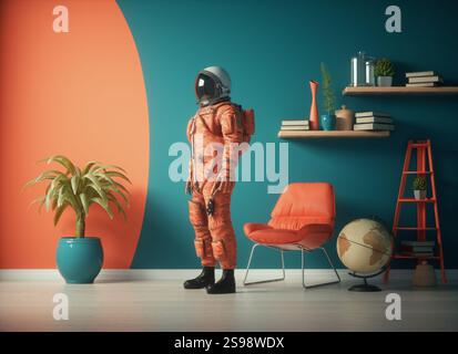 Cosmonauta in salotto. Questa è un'illustrazione di rendering 3D. Foto Stock